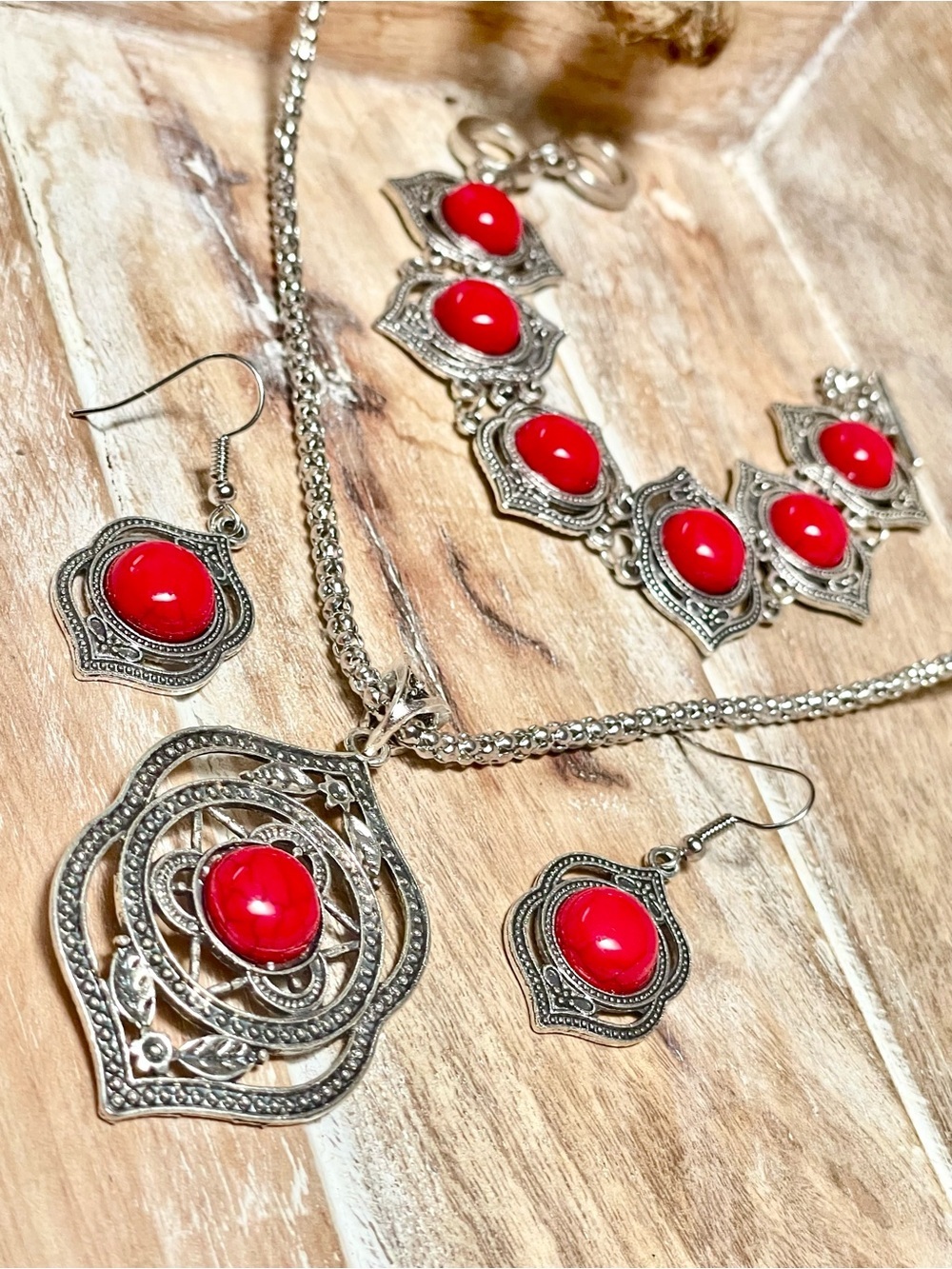 Silver-tone Red Stone Cabachon Earrings, Necklace and Bracelet Jewelry Set